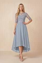 Dusty Blue Embroidered A-Line Chiffon Midi Mother of the Bride Dress with Sleeves | KISSBRIDAL