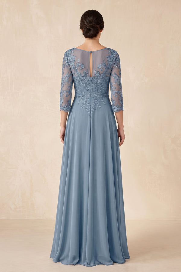 Dusty Blue Embroidered A-Line V-Neck Chiffon Mother of the Bride Dress with Sleeves (2) | KISSBRIDAL