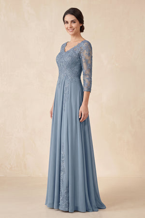 Dusty Blue Embroidered A-Line V-Neck Chiffon Mother of the Bride Dress with Sleeves (3) | KISSBRIDAL