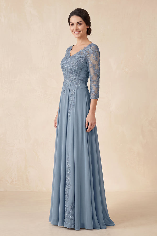 Dusty Blue Embroidered A-Line V-Neck Chiffon Mother of the Bride Dress with Sleeves (3) | KISSBRIDAL