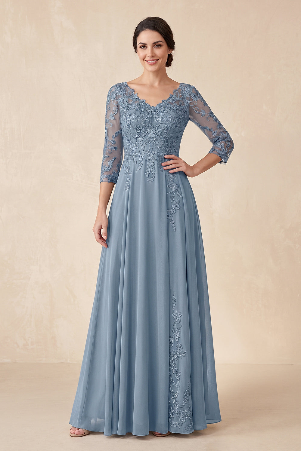 Dusty Blue Embroidered A-Line V-Neck Chiffon Mother of the Bride Dress with Sleeves