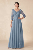 Dusty Blue Embroidered A-Line V-Neck Chiffon Mother of the Bride Dress with Sleeves | KISSBRIDAL