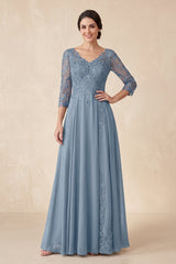 Dusty Blue Embroidered A-Line V-Neck Chiffon Mother of the Bride Dress with Sleeves | KISSBRIDAL