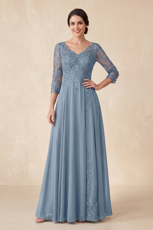 Dusty Blue Embroidered A-Line V-Neck Chiffon Mother of the Bride Dress with Sleeves | KISSBRIDAL