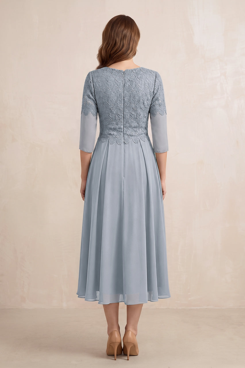 Dusty Blue Embroidered Chiffon A-Line Midi Mother of the Bride Dress