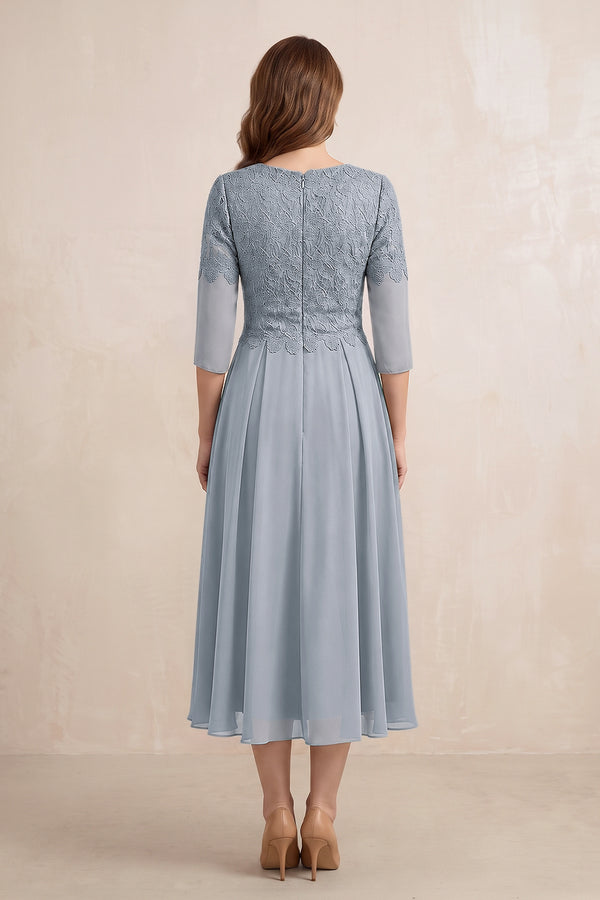 Dusty Blue Embroidered Chiffon A-Line Midi Mother of the Bride Dress (2) | KISSBRIDAL