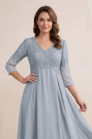 Dusty Blue Embroidered Chiffon A-Line Midi Mother of the Bride Dress (3) | KISSBRIDAL