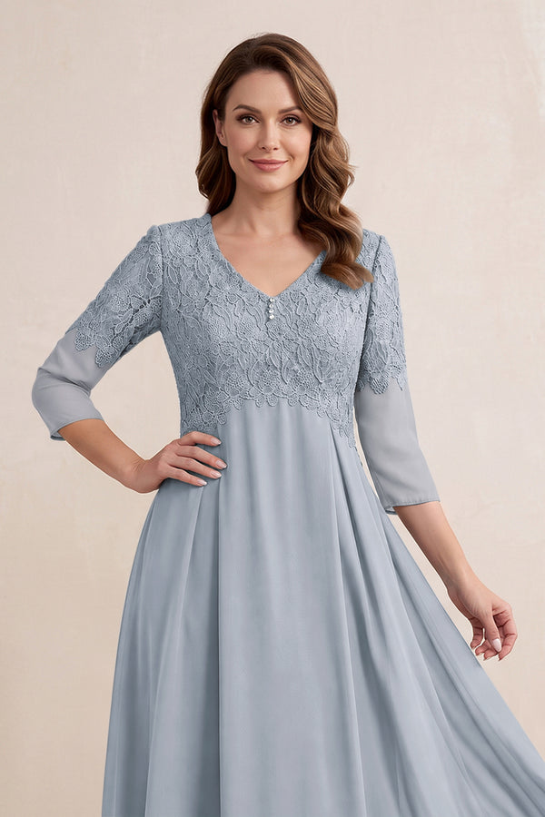 Dusty Blue Embroidered Chiffon A-Line Midi Mother of the Bride Dress (3) | KISSBRIDAL