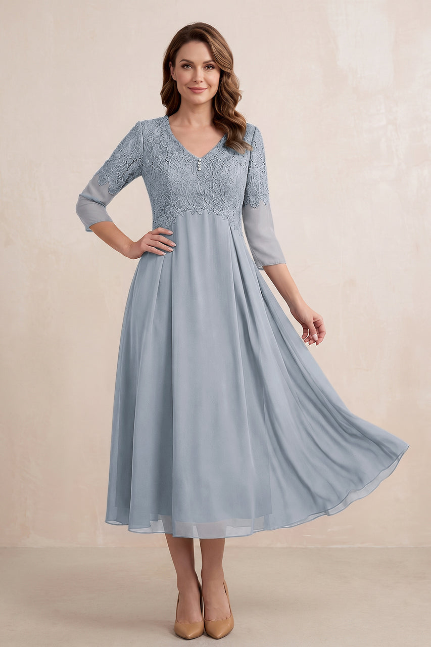 Dusty Blue Embroidered Chiffon A-Line Midi Mother of the Bride Dress
