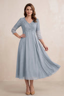 Dusty Blue Embroidered Chiffon A-Line Midi Mother of the Bride Dress | KISSBRIDAL