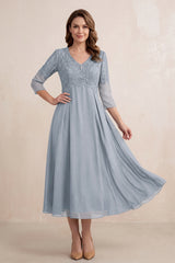 Dusty Blue Embroidered Chiffon A-Line Midi Mother of the Bride Dress | KISSBRIDAL