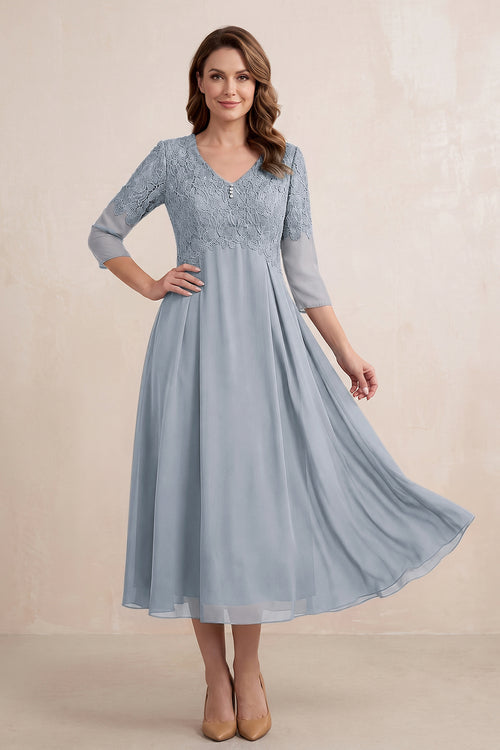 Dusty Blue Embroidered Chiffon A-Line Midi Mother of the Bride Dress | KISSBRIDAL