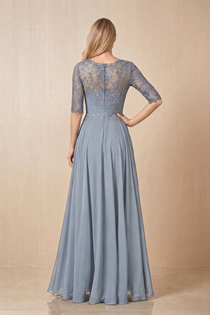 Dusty Blue Embroidered Chiffon Boat Neck A-Line Mother of the Bride Dress with Half Sleeves (2) | KISSBRIDAL