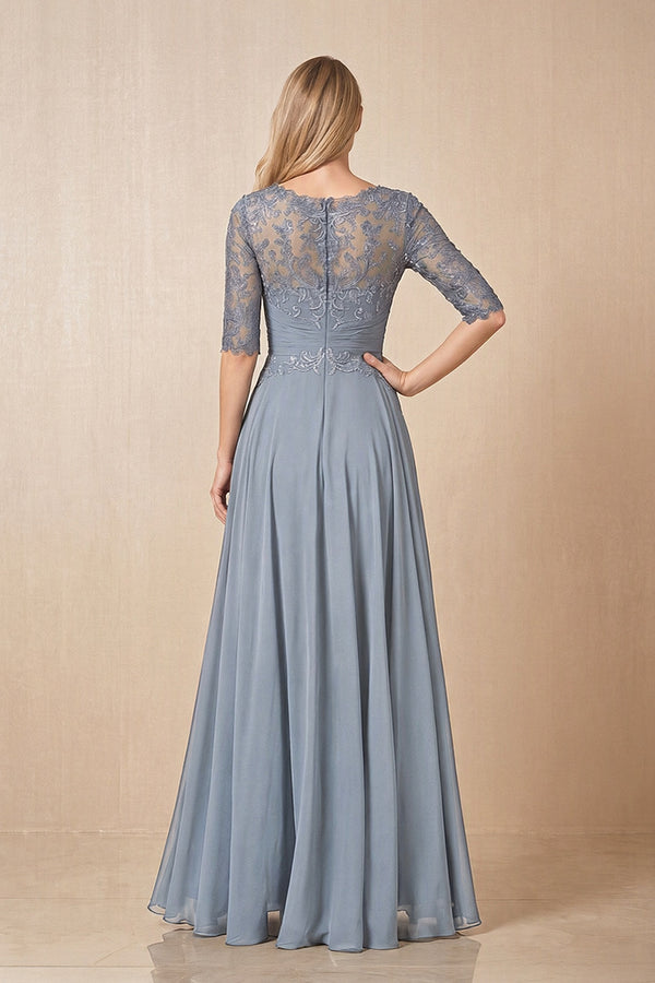 Dusty Blue Embroidered Chiffon Boat Neck A-Line Mother of the Bride Dress with Half Sleeves (2) | KISSBRIDAL
