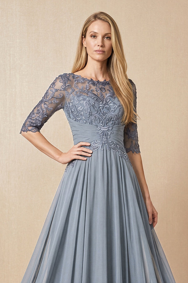 Dusty Blue Embroidered Chiffon Boat Neck A-Line Mother of the Bride Dress with Half Sleeves (3) | KISSBRIDAL