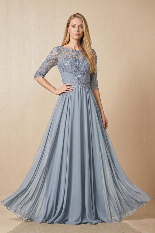 Dusty Blue Embroidered Chiffon Boat Neck A-Line Mother of the Bride Dress with Half Sleeves | KISSBRIDAL