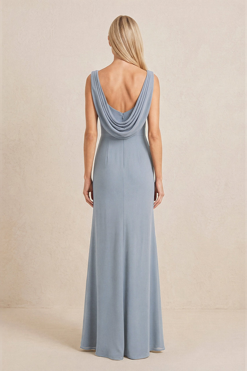 Dusty Blue Embroidered Cowl Neck Sheath Chiffon Mother of the Bride Dress
