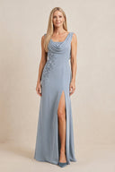 Dusty Blue Embroidered Cowl Neck Sheath Chiffon Mother of the Bride Dress | KISSBRIDAL