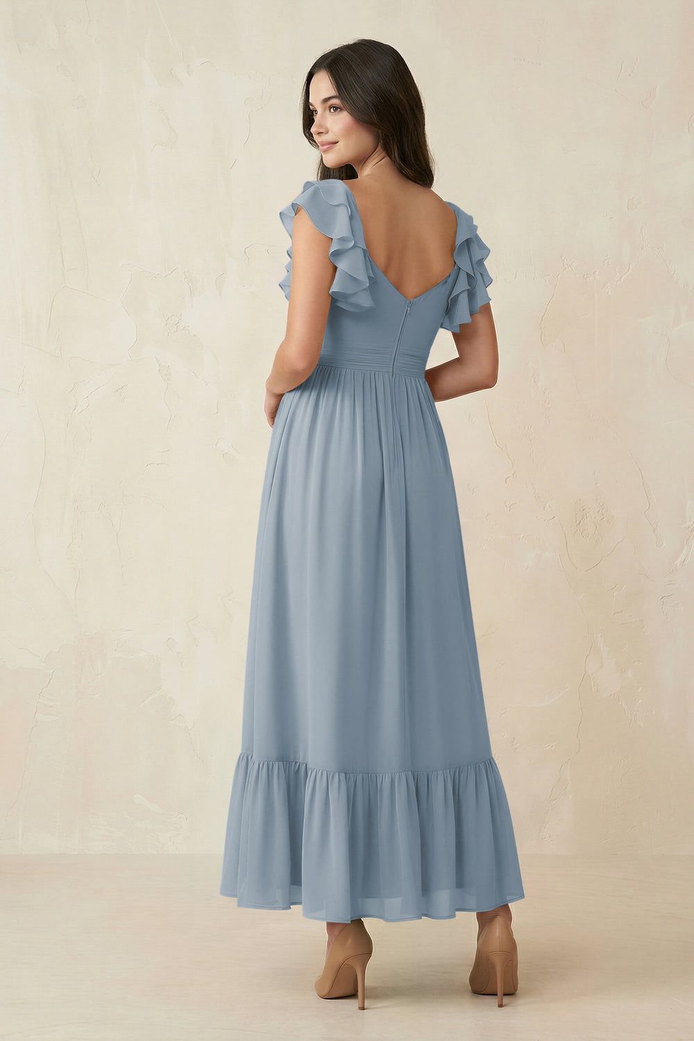 Flutter Sleeve Sweetheart A-Line Chiffon Bridesmaid Dress in Dusty Blue