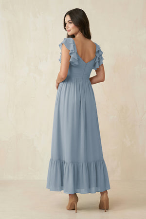 Dusty Blue Flutter Sleeve Sweetheart A-Line Chiffon Bridesmaid Dress (2) | KISSBRIDAL