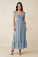Dusty Blue Flutter Sleeve Sweetheart A-Line Chiffon Bridesmaid Dress | KISSBRIDAL