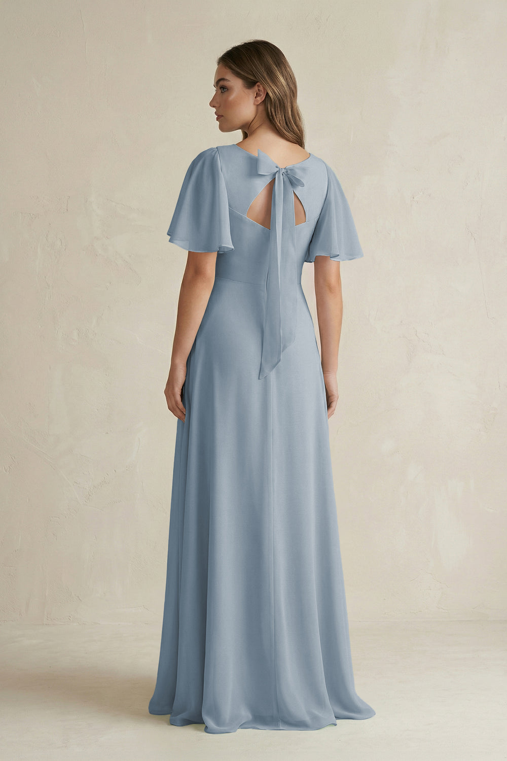 Flutter Sleeve V-Neck A-Line Chiffon Bridesmaid Dress in Dusty Blue