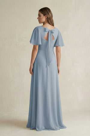 Dusty Blue Flutter Sleeve V-Neck A-Line Chiffon Bridesmaid Dress (2) | KISSBRIDAL