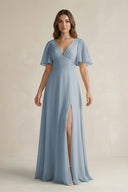 Dusty Blue Flutter Sleeve V-Neck A-Line Chiffon Bridesmaid Dress | KISSBRIDAL