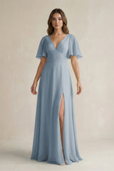 Dusty Blue Flutter Sleeve V-Neck A-Line Chiffon Bridesmaid Dress | KISSBRIDAL