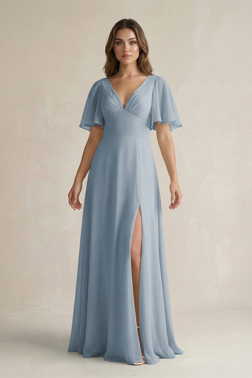Dusty Blue Flutter Sleeve V-Neck A-Line Chiffon Bridesmaid Dress | KISSBRIDAL