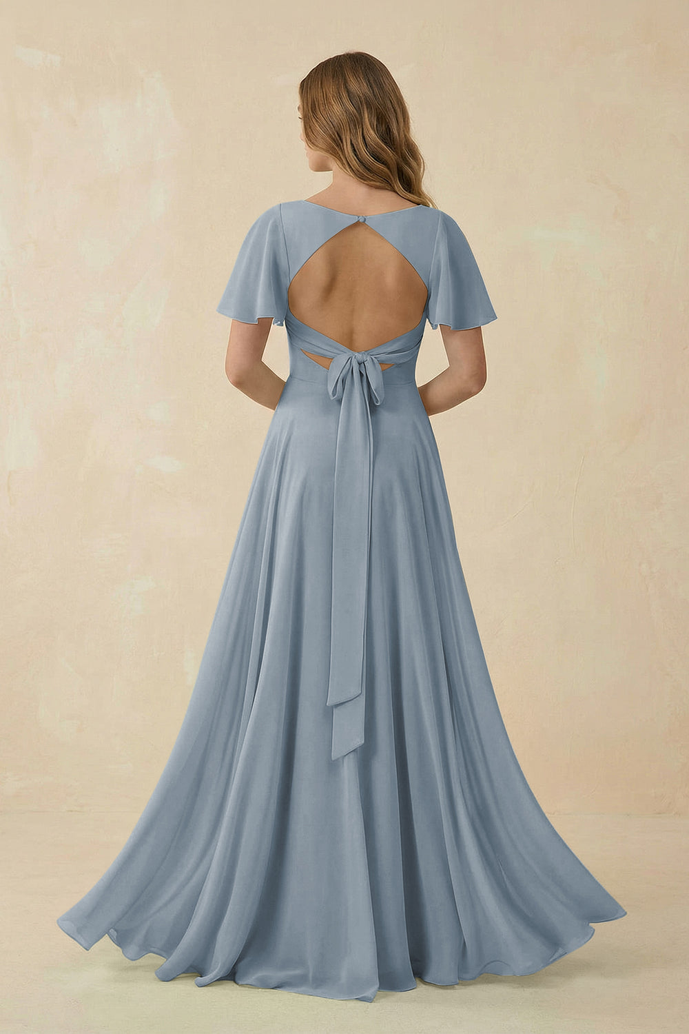 Flutter Sleeve V-Neck Chiffon A-Line Bridesmaid Dress in Dusty Blue
