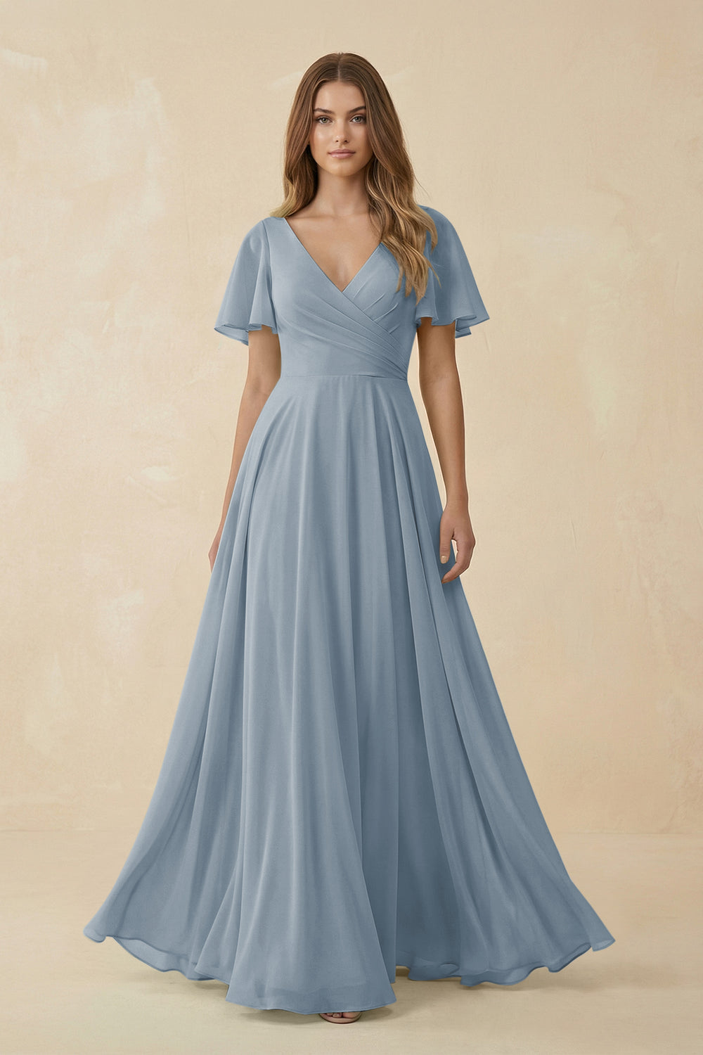 Flutter Sleeve V-Neck Chiffon A-Line Bridesmaid Dress in Dusty Blue