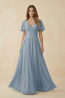 Dusty Blue Flutter Sleeve V-Neck Chiffon A-Line Bridesmaid Dress | KISSBRIDAL
