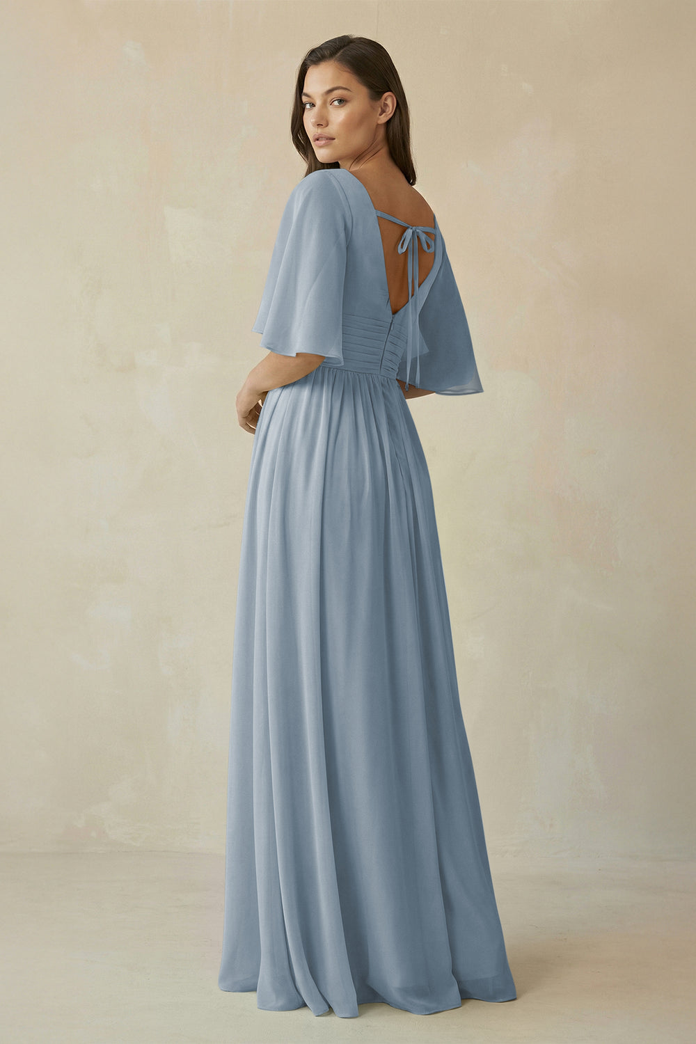 Half Sleeve V-Neck A-Line Chiffon Bridesmaid Gown in Dusty Blue