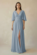 Dusty Blue Half Sleeve V-Neck A-Line Chiffon Bridesmaid Gown | KISSBRIDAL