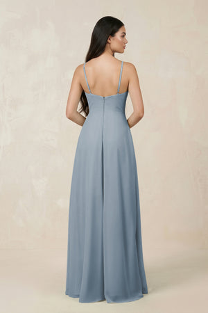 Dusty Blue Halter Chiffon A-Line Bridesmaid Dress With Slit (2) | KISSBRIDAL