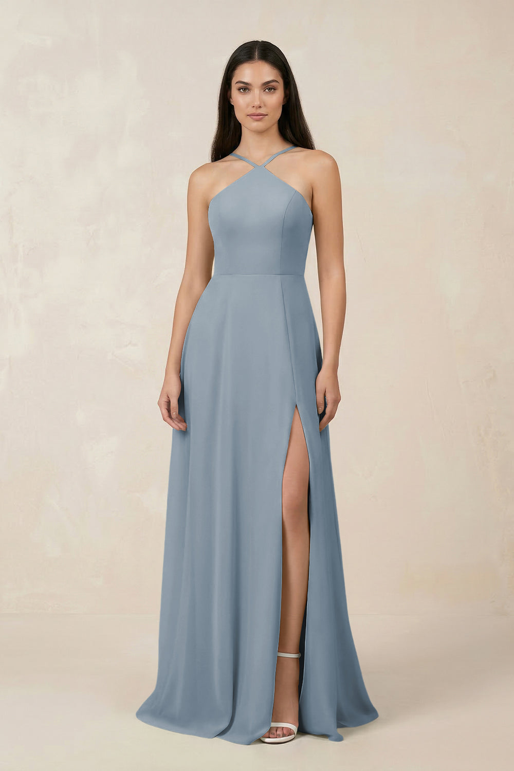 Halter Chiffon A-Line Bridesmaid Dress With Slit in Dusty Blue
