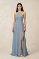 Dusty Blue Halter Chiffon A-Line Bridesmaid Dress With Slit | KISSBRIDAL