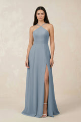Dusty Blue Halter Chiffon A-Line Bridesmaid Dress With Slit | KISSBRIDAL