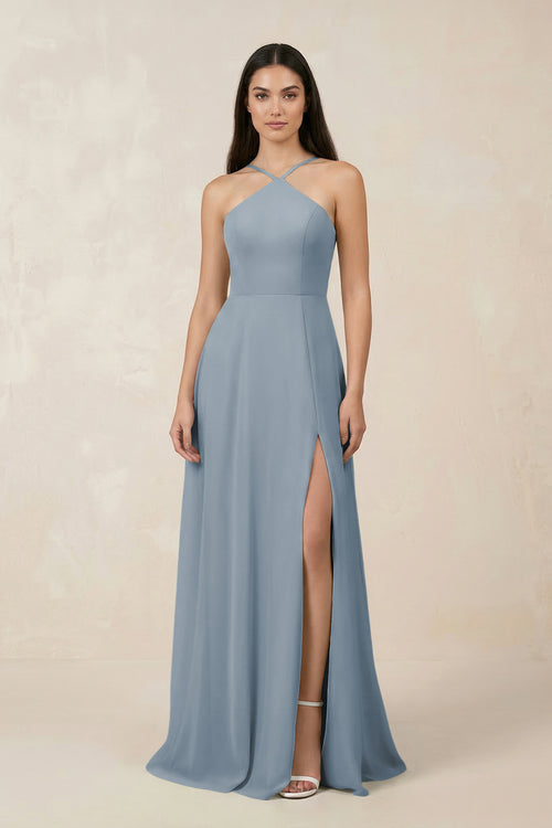 Dusty Blue Halter Chiffon A-Line Bridesmaid Dress With Slit | KISSBRIDAL