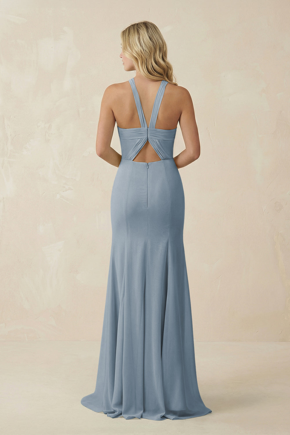 Halter Chiffon Mermaid Ruched Bridesmaid Dress in Dusty Blue