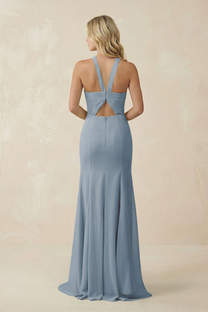 Dusty Blue Halter Chiffon Mermaid Ruched Bridesmaid Dress (2) | KISSBRIDAL