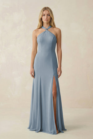 Dusty Blue Halter Chiffon Mermaid Ruched Bridesmaid Dress | KISSBRIDAL
