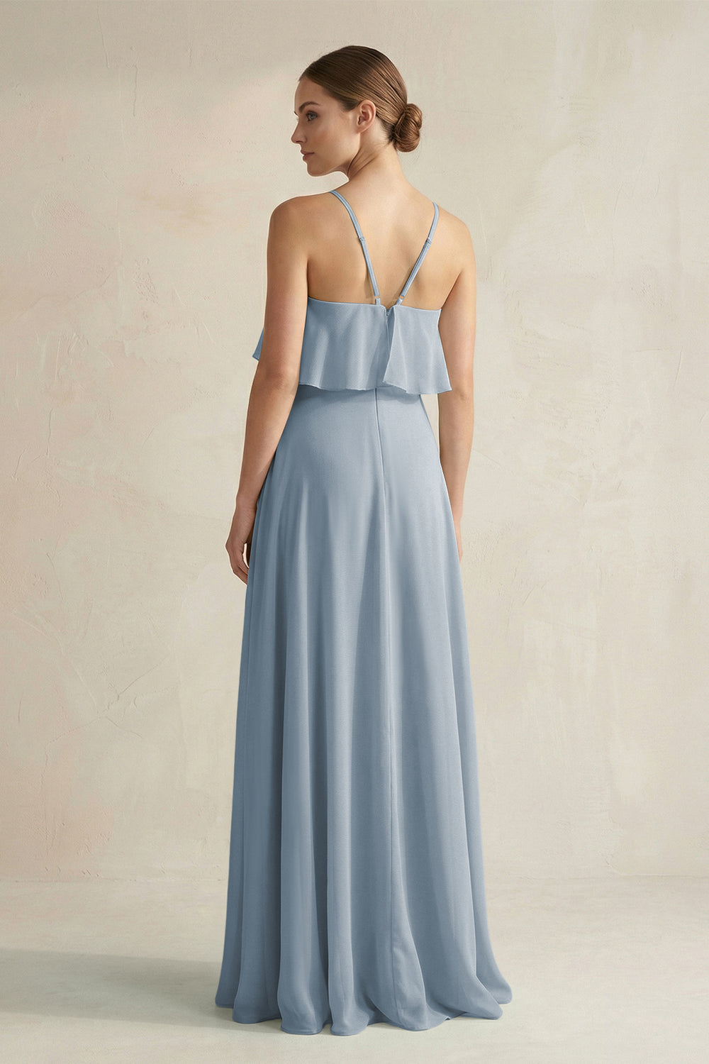 Halter Neck A-Line Chiffon Bridesmaid Dress with Keyhole in Dusty Blue