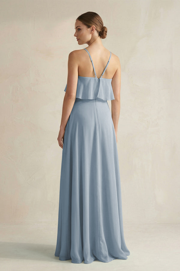 Dusty Blue Halter Neck A-Line Chiffon Bridesmaid Dress with Keyhole (2) | KISSBRIDAL