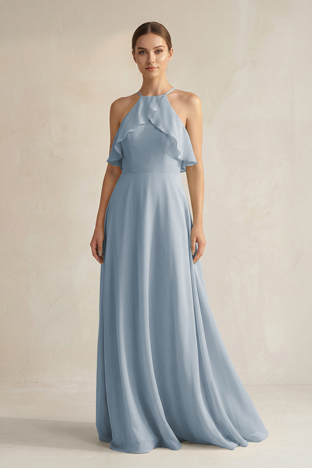 Halter Neck A-Line Chiffon Bridesmaid Dress with Keyhole in Dusty Blue