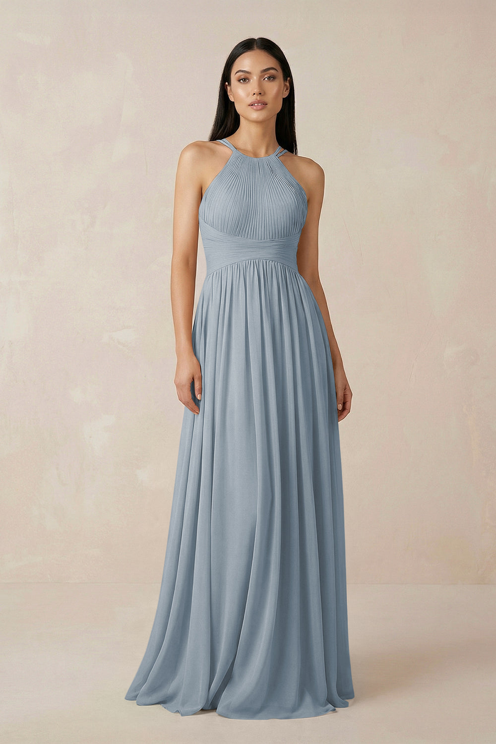 Halter Neck A-Line Chiffon Bridesmaid Dress in Dusty Blue