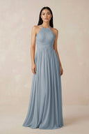 Dusty Blue Halter Neck A-Line Chiffon Bridesmaid Dress | KISSBRIDAL