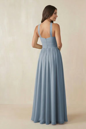 Dusty Blue Halter Neck Ruched A-Line Chiffon Bridesmaid Dress (2) | KISSBRIDAL