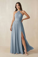 Dusty Blue Halter Neck Ruched A-Line Chiffon Bridesmaid Dress | KISSBRIDAL